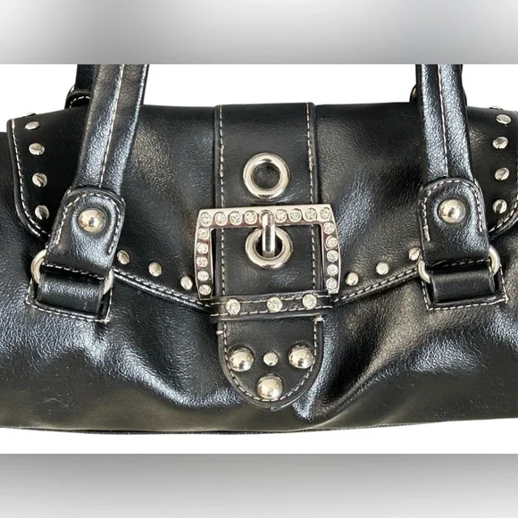 Kathy Van Zeeland Y2K Black Tootsie Roll Purse Satchel Side Zip Rhinestone - Picture 3 of 16